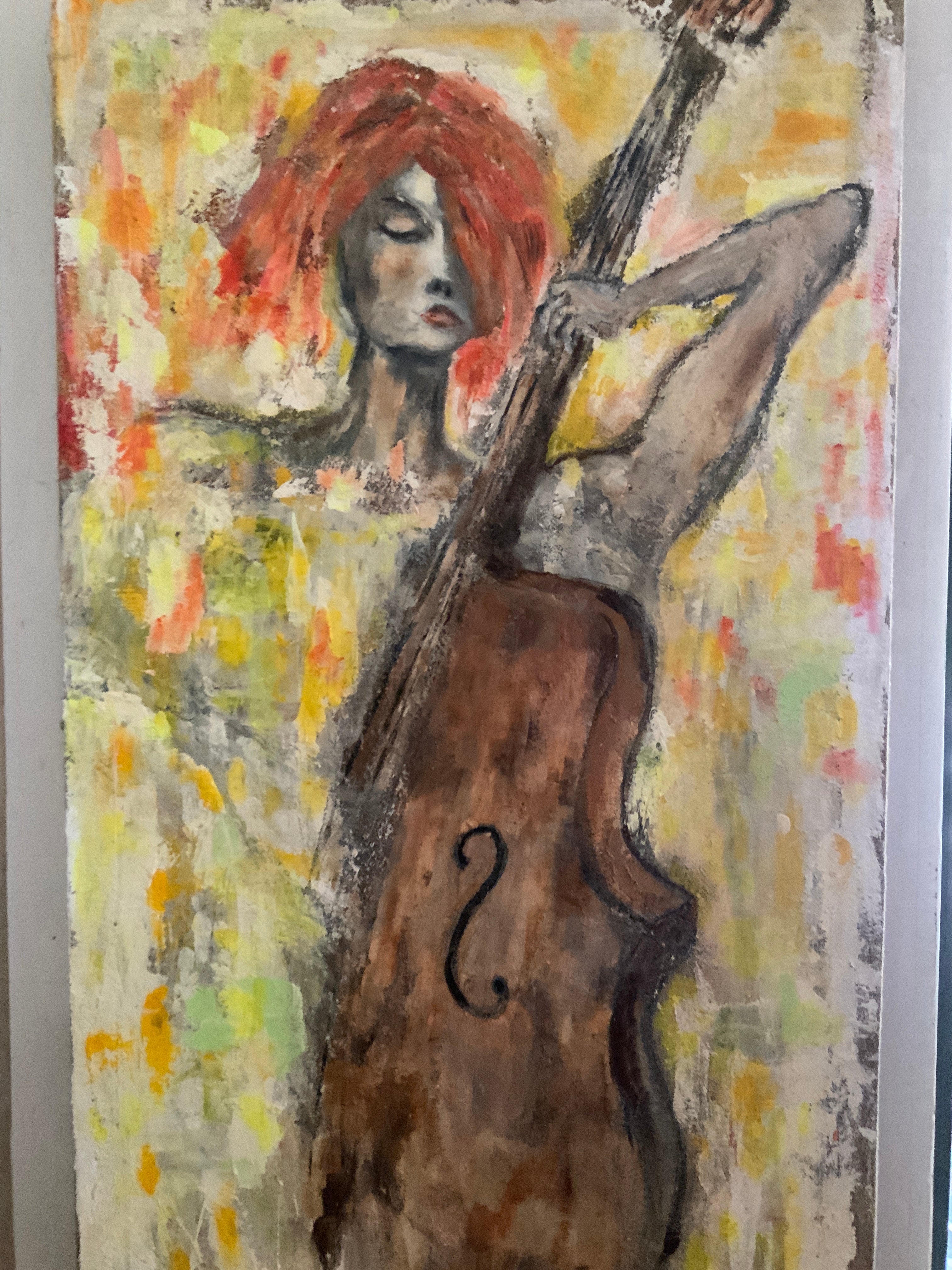 La Contrebassiste – Grande peinture acrylique jazz sur toile 160x90cm par DC Studio Maurice