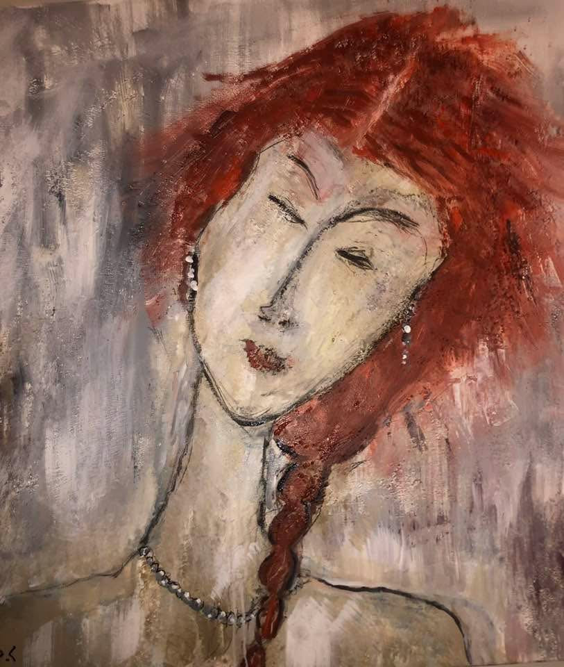 Red Hair – Portrait féminin style Modigliani acrylique sur toile 80x80cm par DC Studio Maurice