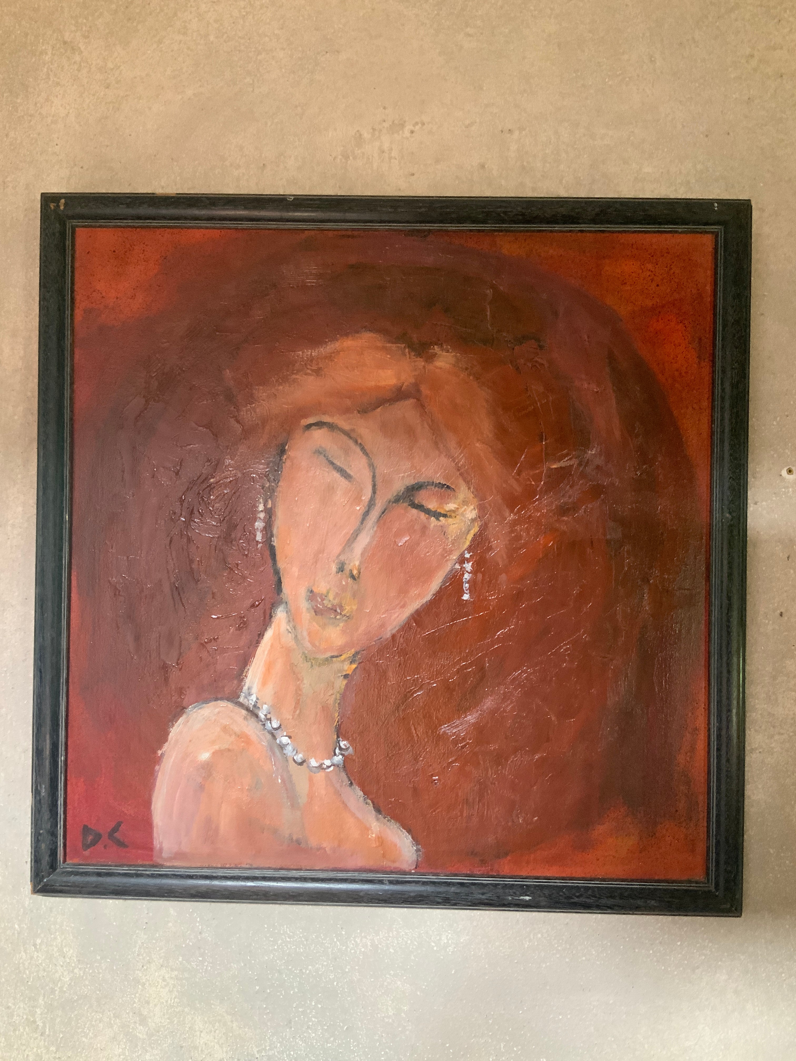 La femme au collier de perles – Portrait peinture sur toile par l'artiste mauricien DC Studio