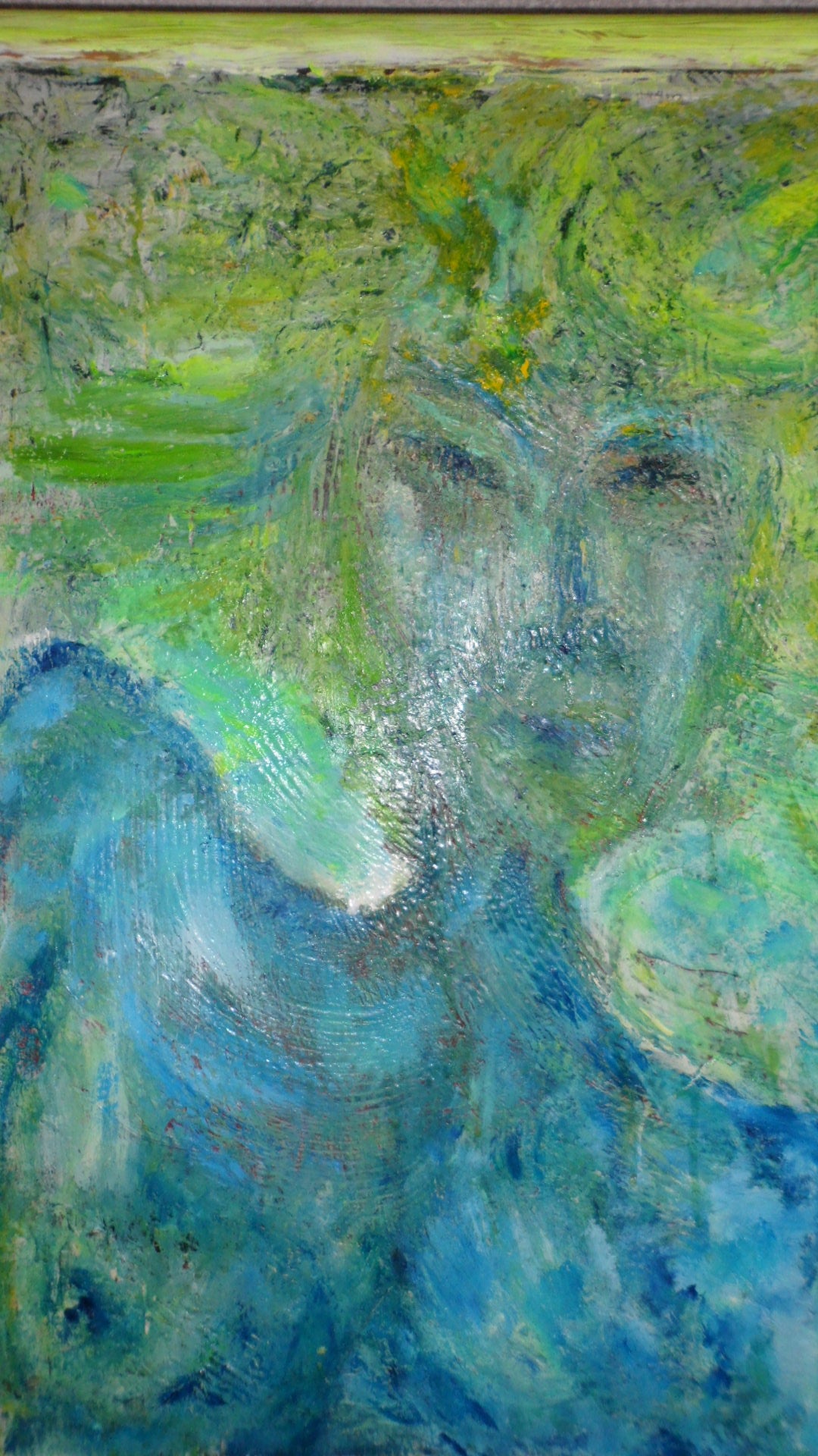 Blue Note – Portrait féminin acrylique sur toile 50x60cm tons bleu et jaune par DC Studio
